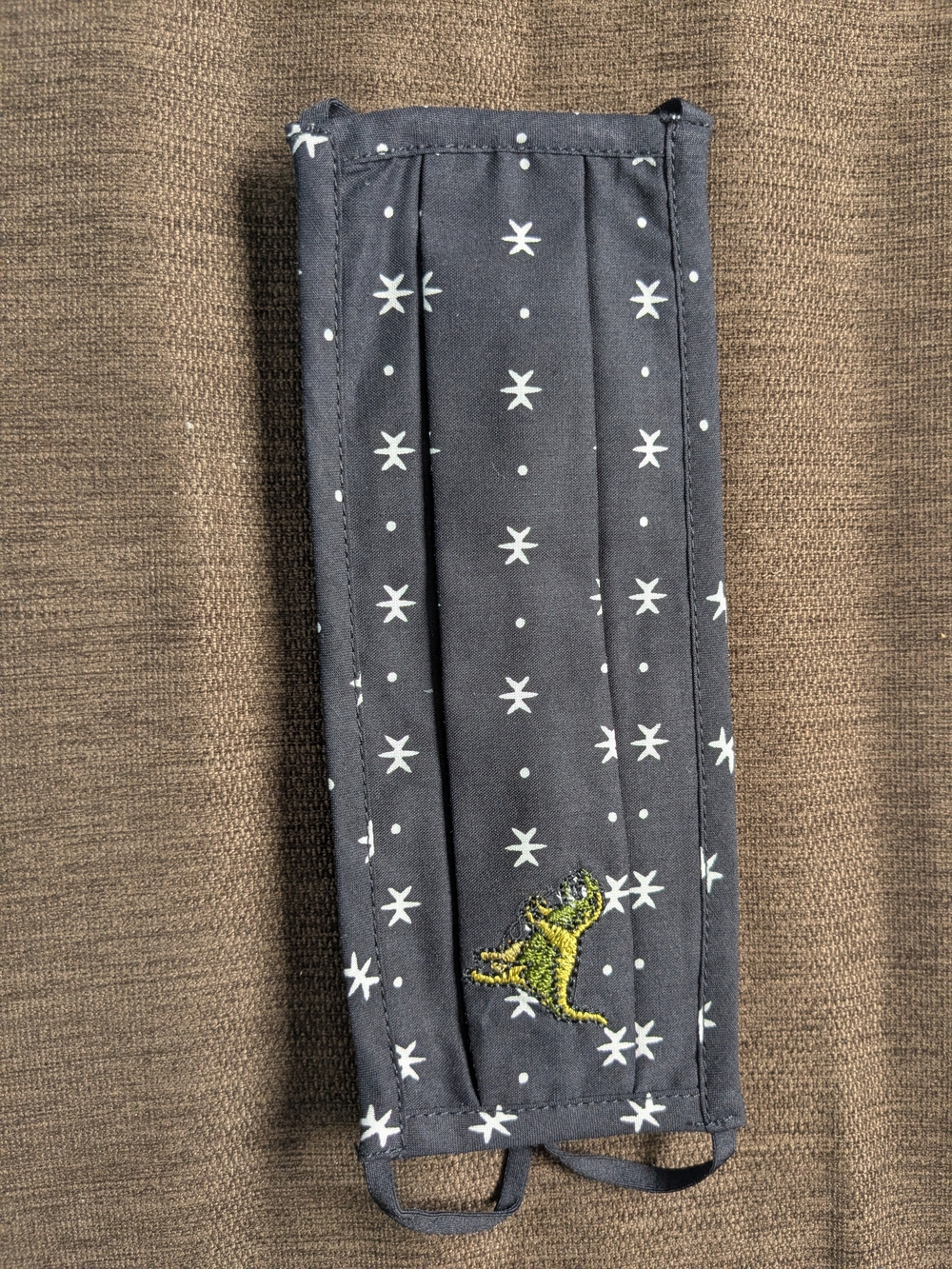 Black Star Print Face Mask with Green Embroidered Dinosaur